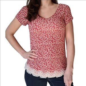 Rewind Floral Short Sleeve V-Neck Top With Lace Trim Size L